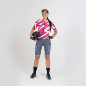 Cuissard vélo femme à bretelles détachables gris TITAN et maillot vélo femme THOR rose